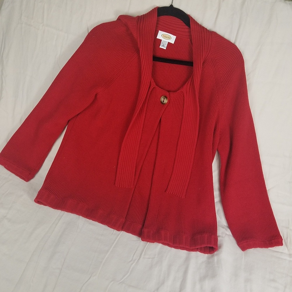 Talbots Womens Red 100% Cotton Ribbed Tie Front Button‎ Cardigan Sweater Large
